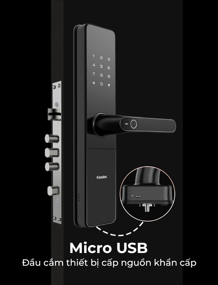 Cổng sạc Micro USB cấp nguồn cho khoá cửa khi hết pin.