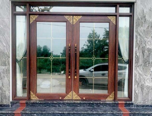 Cửa chính nhôm thủy lực 2 cánh nan đồng
