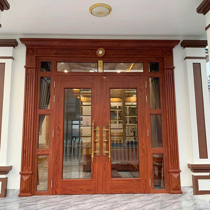 Mẫu cửa gỗ phòng khách có gắn ô kính