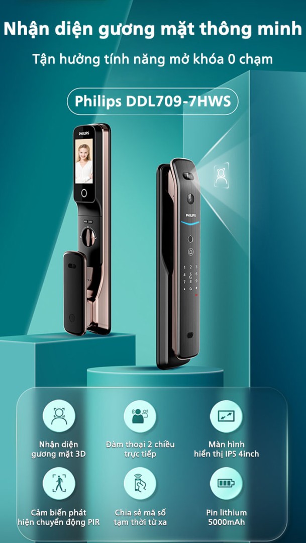 Khóa Philips DDL709-7HWS cao cấp mở từ xa qua app Tuya tiện lợi