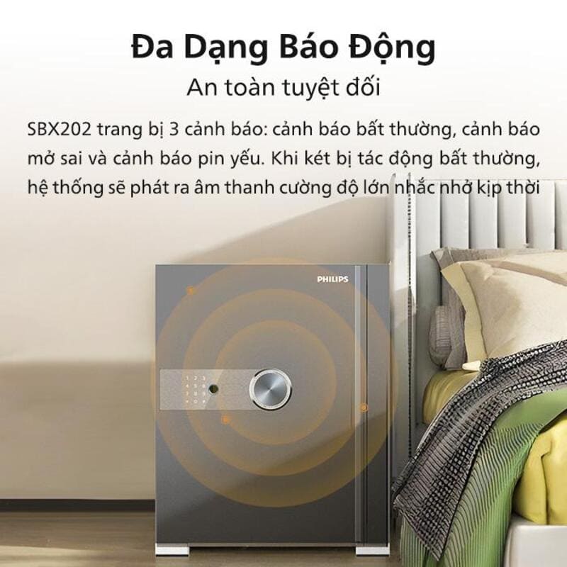Két sắt Philips SBX202 trang bị 3 cảnh báo gồm: cảnh báo mở sai, cảnh báo bất thường và cảnh báo pin yếu