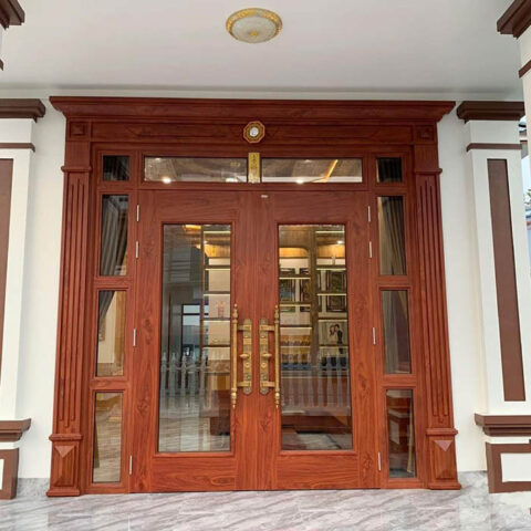 Mẫu cửa gỗ phòng khách có gắn ô kính